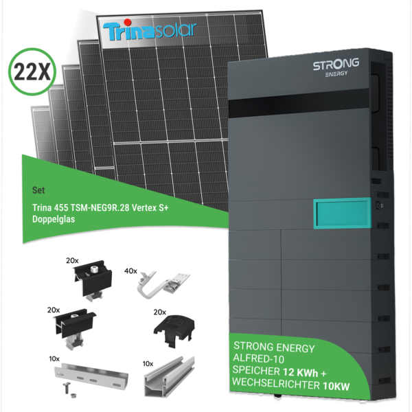 10,01 kWp PV-Komplettset mit 22x Trina 455 Wp TSM-NEG9R.28 Vertex S+ Doppelglas-Solarmodule & STRONG ENERGY ALFRED-10 – inkl. K2 Unterkonstruktion für Ziegeldächer